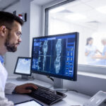 MRI diagnostic control room and neurologist examining patient X-ray images on large display.